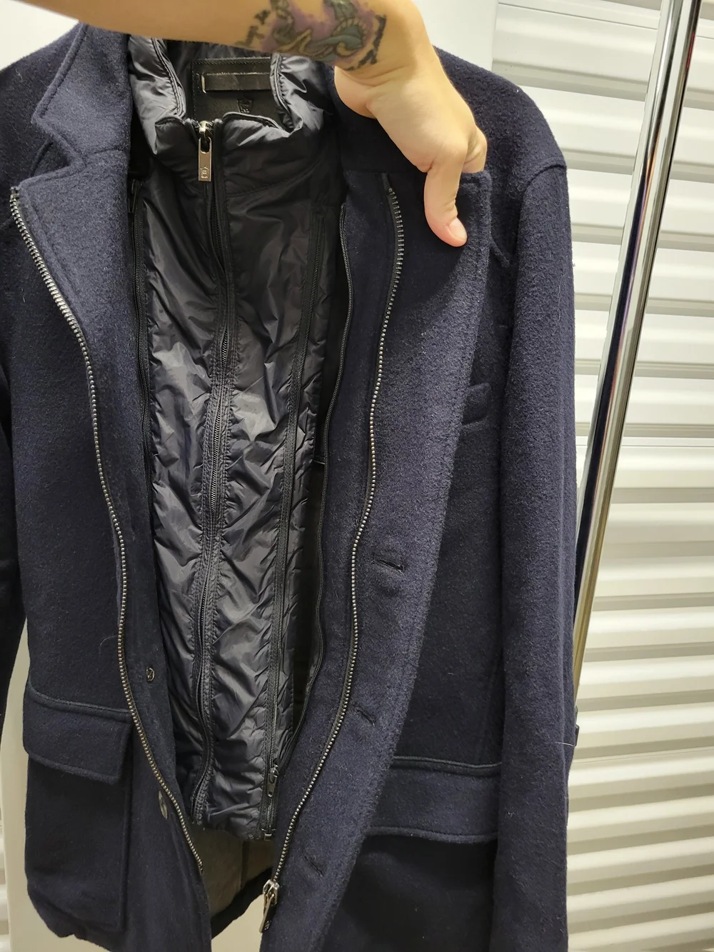 Massimo Dutti 2-in-1 wool jacket featuring a built-in, quilted puffer bib